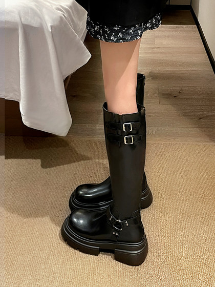 加绒靴子女长筒靴厚底小个子2024秋季新款复古不过膝骑士靴高筒靴