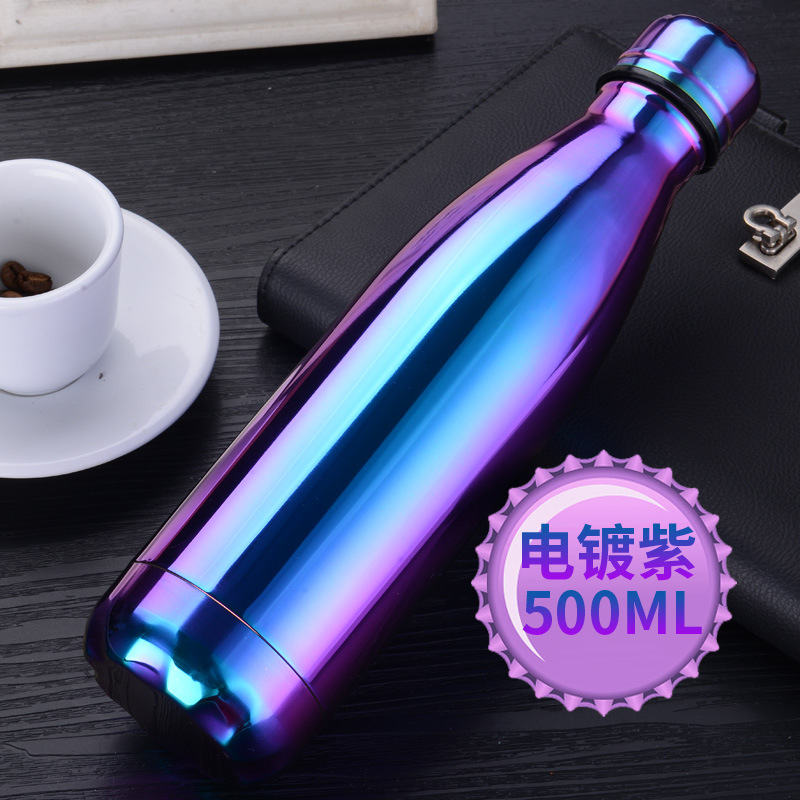Electroplating & Brilliant Blue 500MlCoke bottle vacuum cup double-deck motion  304 stainless steel bowling glass