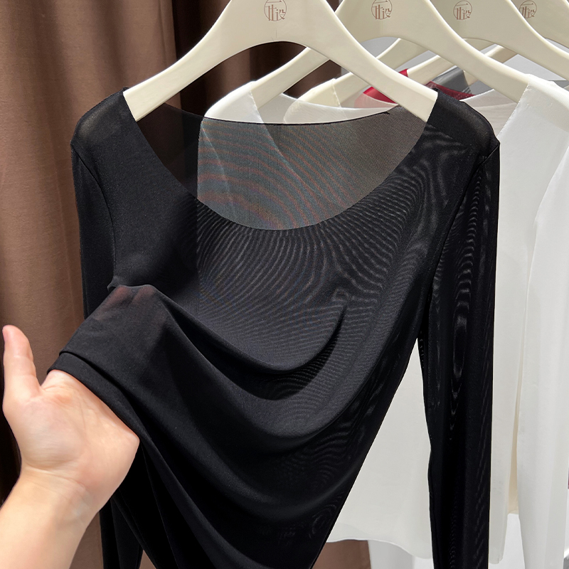 Large Neckline Mesh Base Shirt for Women, Autumn and Winter Inner Layer, Slim Fit, Transparent Long-Sleeve T-Shirt, Sexy Black Lace Top, Thin