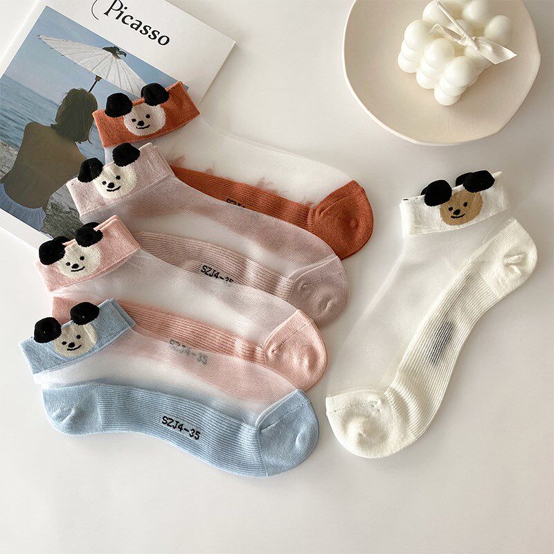 Net red summer thin crystal socks shallow socks in tide Korea cute cartoon bear glass wire
