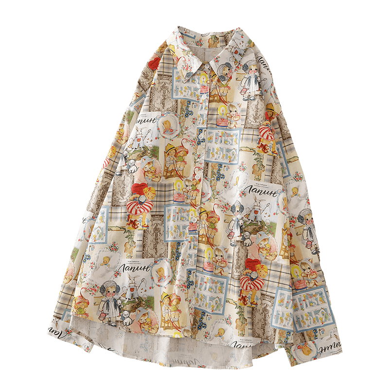 Loose Korean version single-breasted long-sleeved cartoon print