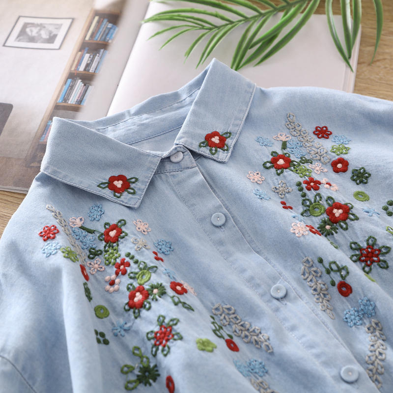 2024 Autumn New Vintage Heavy Embroidered Floral Denim Shirt with Turn-Down Collar, Long Sleeves, Loose Fit, Casual Pure Cotton Shirt