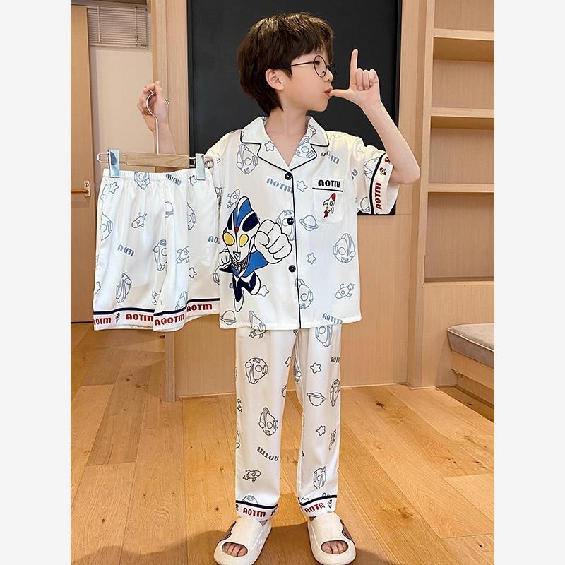 Light Luxury Mulberry Silk 2025 New Summer Boys' Pajamas Silk Short-Sleeved Thin Pants Three-Piece Set Little Boy Ultraman