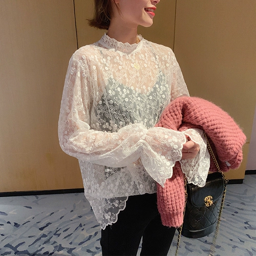 Кружевной демисезонный приятный телу лонгслив, высокий воротник, 2020, в западном стиле