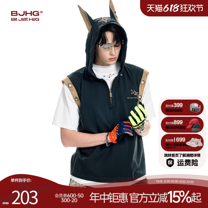 BJHG 無謀なドーベルマンノースリーブベストメンズ新しい夏のゆったりしたアメリカンTシャツフード付きベストウエストコートレディース