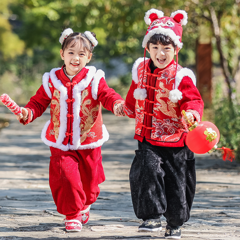 Children's festive performance to serve women's palate New Year's winter plus suede Chinese wind boy Tang fashion New Year's Day kindergarten Performance suit-Taobao
