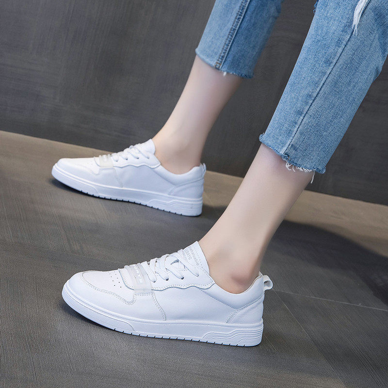 Real Leather Little White Shoes Women Spring 2021 New Summer Slim 100 hitch Breathable Flat-bottomed Student Board Shoes Ins Chains