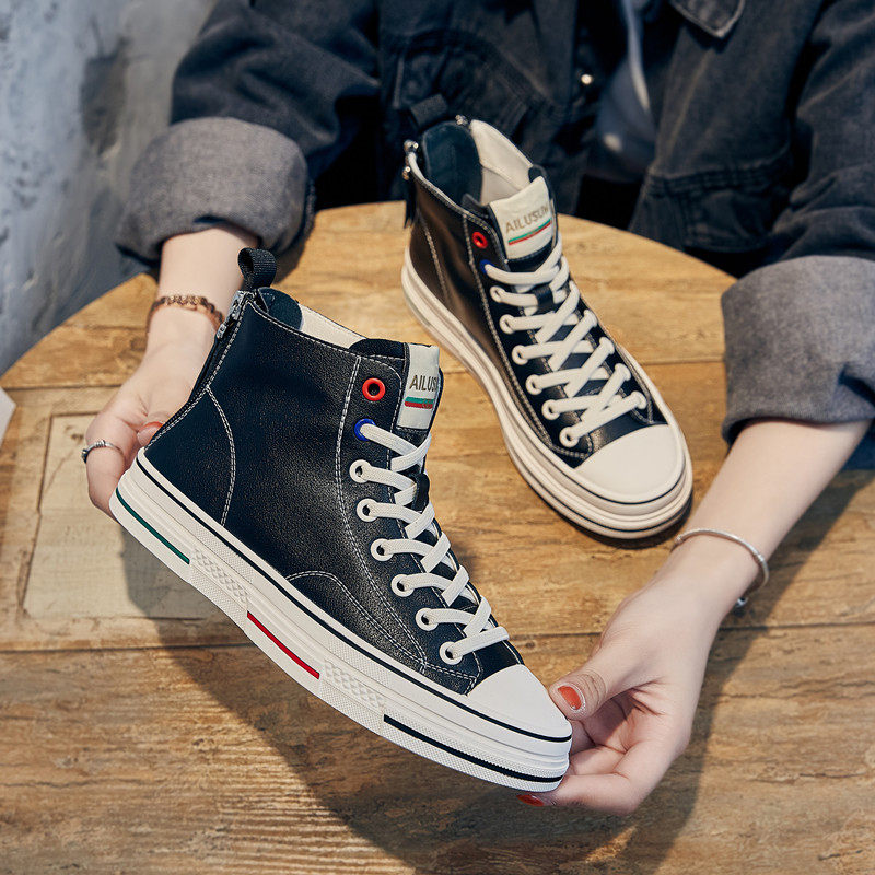 Leather high-top shoes female ins street fashion shoes 2021 spring new all-match double zipper sneakers small white shoes spring and autumn