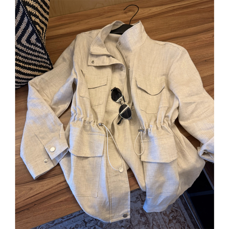 Kkstudio Old Money Style Stand Collar Linen Workwear Jacket for Women, Spring High-End Loose Versatile Jacket Top