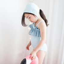  2021 new childrens swimsuit female one-piece girl cute plaid little princess swimsuit big virgin girl swimsuit