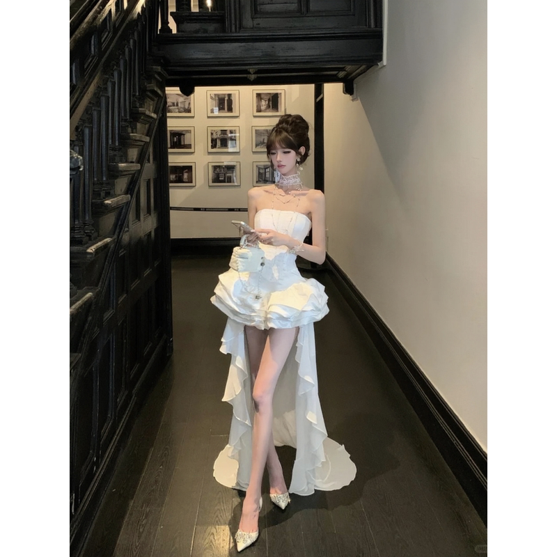 Exquisite White Fishbone Tube Top Dress for Women, New Summer Style, Ladylike Elegant Birthday Dress, Waist-Cinching Irregular Long Dress Exquisite White Fishbone Tube Top Dress for Women, New Summer Style, Ladylike Elegant Birthday Dress, Waist-Cinching Irregular Long Dress