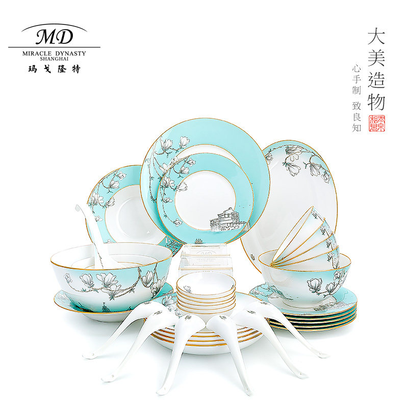 Margolonte 6 People Jade Orchid Open Bone China Cutlery Cutlery Suit Home Chinese Style Light Lavish Creative Bowl Disc Gift