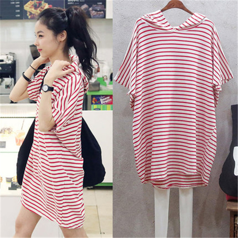 European Station Ocean Piers Bat Small Shirts Striped Even Cap Fashion Big Size Blouse Blouse Net Red Short Sleeve T-Shirt Dress Female Summer Tide