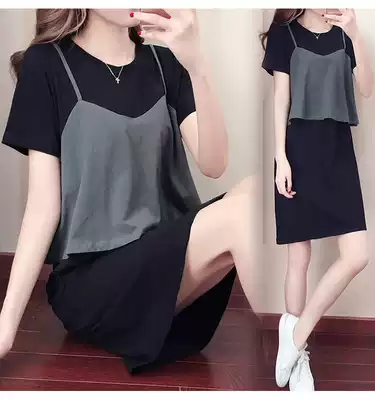 European station fashion fake two pieces of medium and long version of clothes Net red short sleeve design sense T-shirt dress women ins Super Fire summer clothes