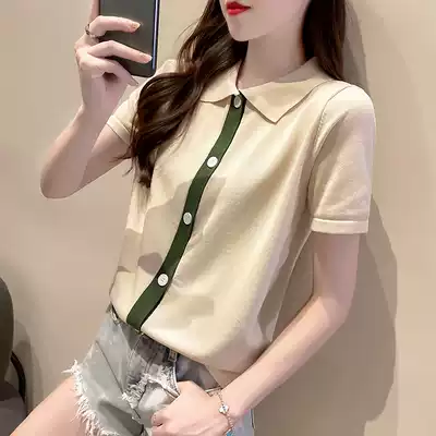 Polo collar thin short-sleeved t-shirt women's summer French light cooked wind ice silk cardigan loose ins Western style thin sweater