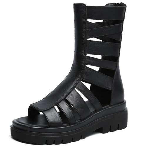 Высокие сандалии на платформе, высокая обувь, летние сапоги, туфли, из натуральной кожи, средней длины