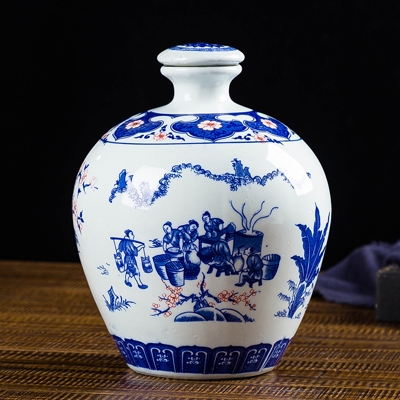 Jingdezhen high temperature 5 jins of blue and white porcelain bottle with heat shrinkable film sealing home empty wine waxberry wine jar