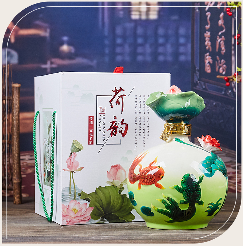 Jingdezhen ceramic bottle colored enamel fish creative home furnishing articles 5 jins of 10 jins lotus household altar wine pot liquor