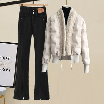 Winter warm age-reducing suit women's new fur collar down padded jacket thickened jacket bottoming shirt jeans three-piece set