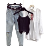 Рубашка, комплект, милые штаны, эффект подтяжки, защита от солнца, 3 предмета, коллекция 2021, в корейском стиле, в западном стиле