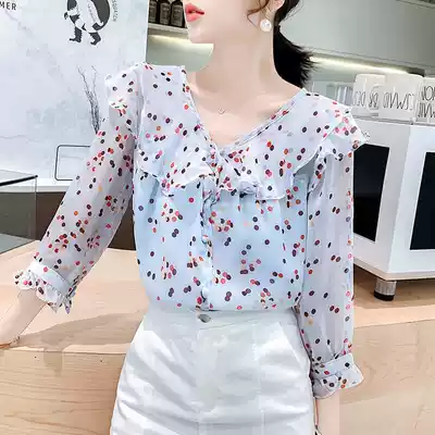 Polka dot chiffon shirt women's Western style super fairy lotus leaf top doll collar temperament loose lace shirt 2019 spring and summer lining