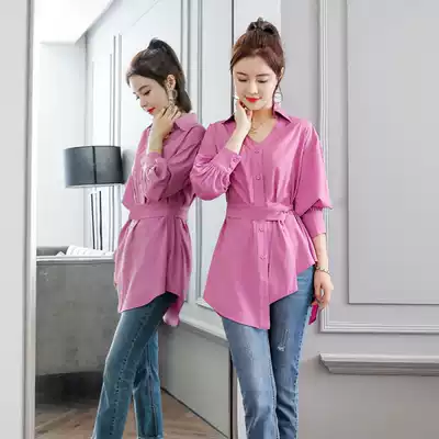 Purple chiffon shirt female 2020 Spring and Autumn new casual white shirt Hyuna Polo Shirt Waist Long