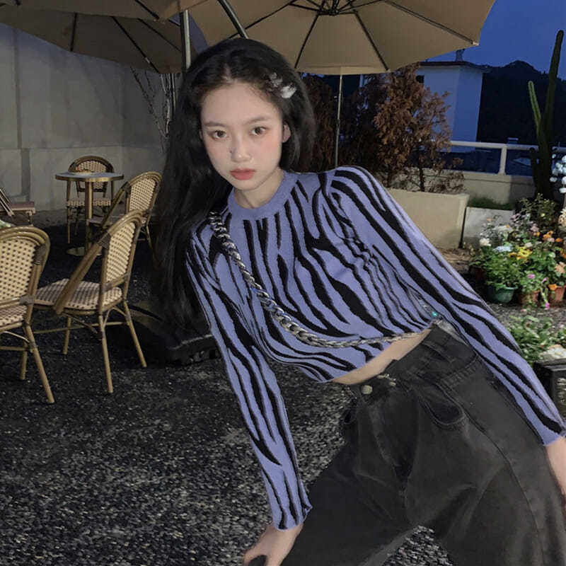 Fall 2020 new vintage zebra pattern sexy crop crop slim slim slim short base long-sleeved knit shirt womenswear