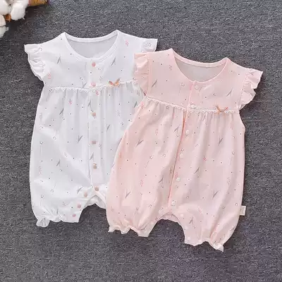 Baby jumpsuit short-sleeved pure cotton female baby summer clothes 6 months romper thin pajamas clothes toddler climbing clothes summer 3