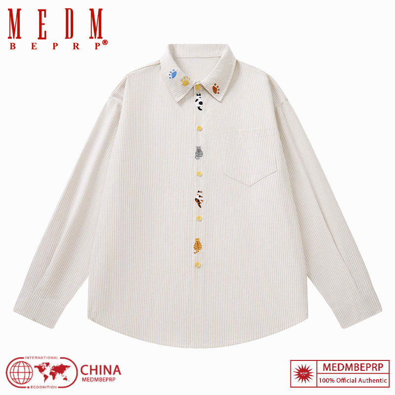 Medm Beprp Kitten Embroidered Striped Shirt for Boys and Girls, Cute Collared Shirt, Oxford Cotton Long-Sleeve