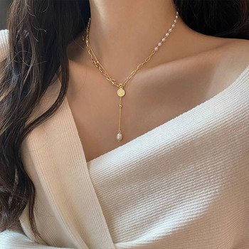 Double layer stacked retro coin tassel clavicle chain cold style internet celebrity choker niche design pearl splicing necklace