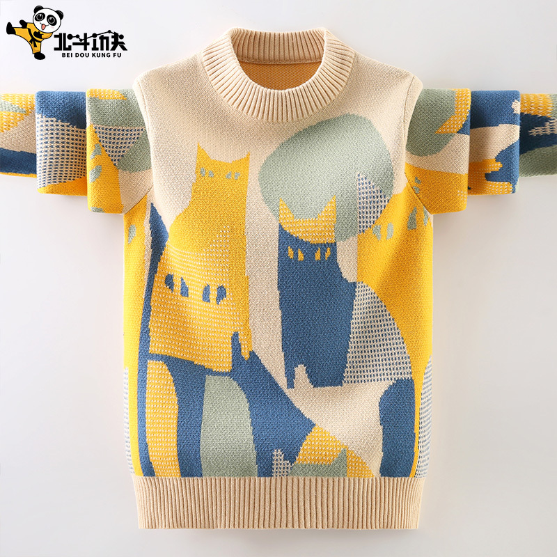 New Boys' Sweater, Pure Cotton Pullover, Korean Style Children's Knitwear, for Older Children, Winter Fleece-Lined and Thickened, Baby Spring and Autumn Style