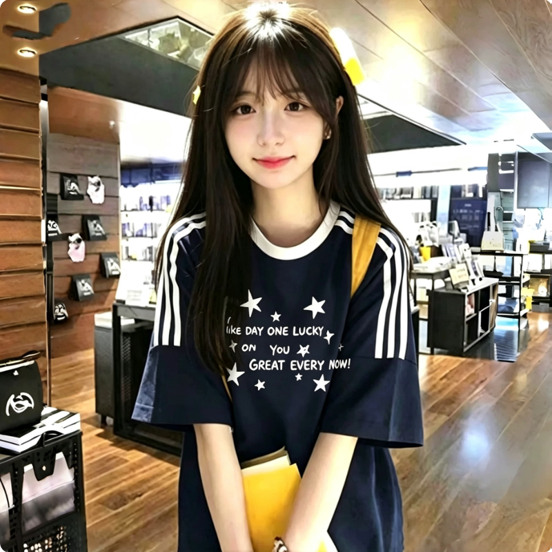American-Style Three-Stripe Crew Neck Short-Sleeve T-Shirt for Girls, Summer, Loose Fit, Drop Shoulder Sleeves, Trendy Top for Middle and High School Students