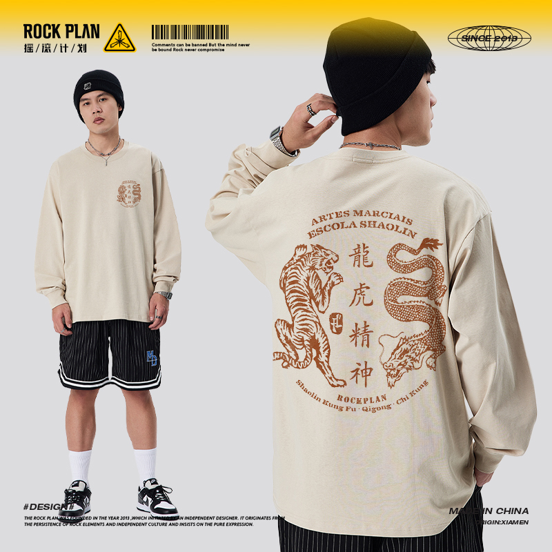 Rock Project National Trend Year of the Dragon Dragon and Tiger Spirit Print Long Sleeve T-Shirt Street Style Crew Neck Heavyweight Pure Cotton Loose Fit Unisex