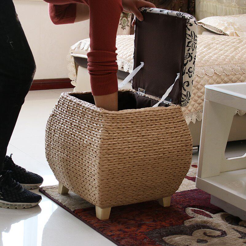Woven stool solid wood straw storage stool storage box hallway change shoe stool storage stool toy debris sorting box