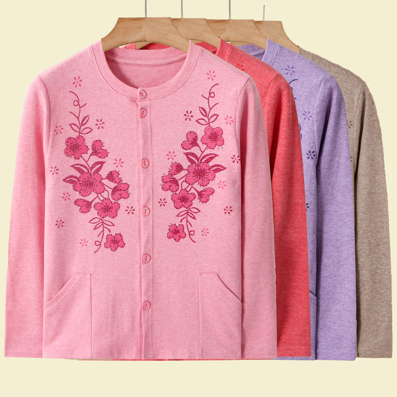 Large size cardigan women's autumn clothes middle-aged and elderly sanitary clothes pure cotton sweater mother lapels with pockets single-piece thermal tops