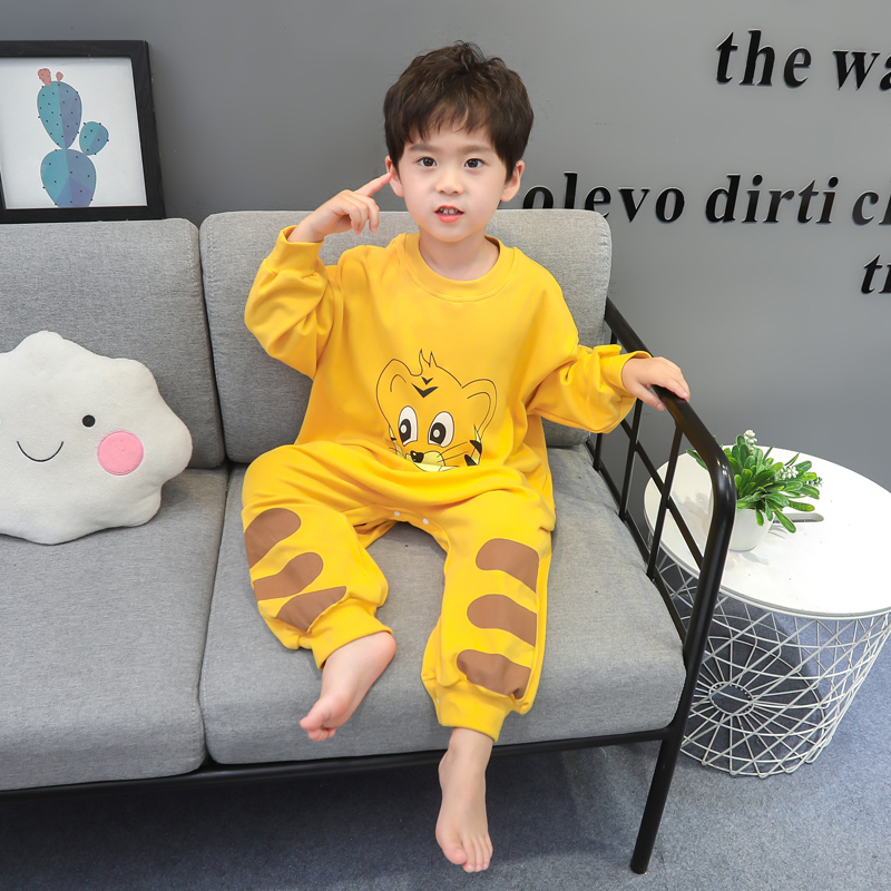 Children Conjoined Pyjamas Boy Spring Autumn Season Pure Cotton Boy Baby Long Sleeve Cartoon Spring With Baby Anti Kick Home Clothing 