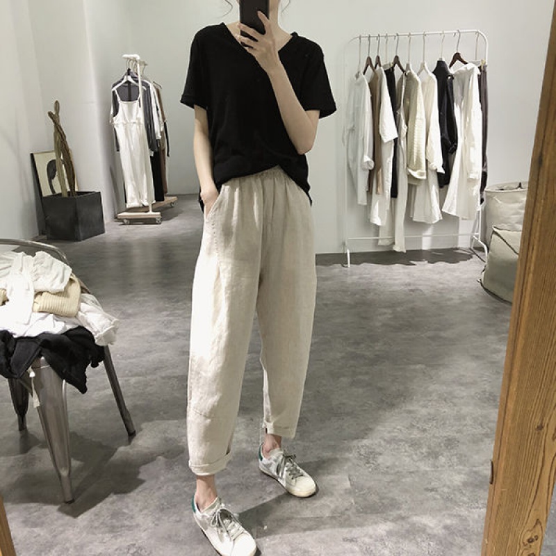 Cotton hemp cropped pants women's summer new pocket slacks high-rise loose loose thin elasticated waist wide leg pants Harlan pants