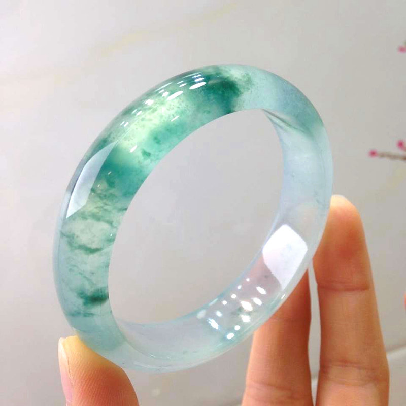 Natural Ice Floating Blue Flower Jade Bracelet Myanmar A Goods Positive Circle Jade Bracelet Women's Wide Version Round Bar Pendant Hot Sale