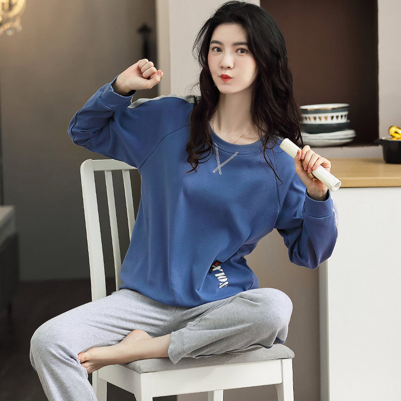 Pajamas women's spring and autumn cotton long-sleeved trousers Korean version round neck casual soft large size autumn home clothes two-piece