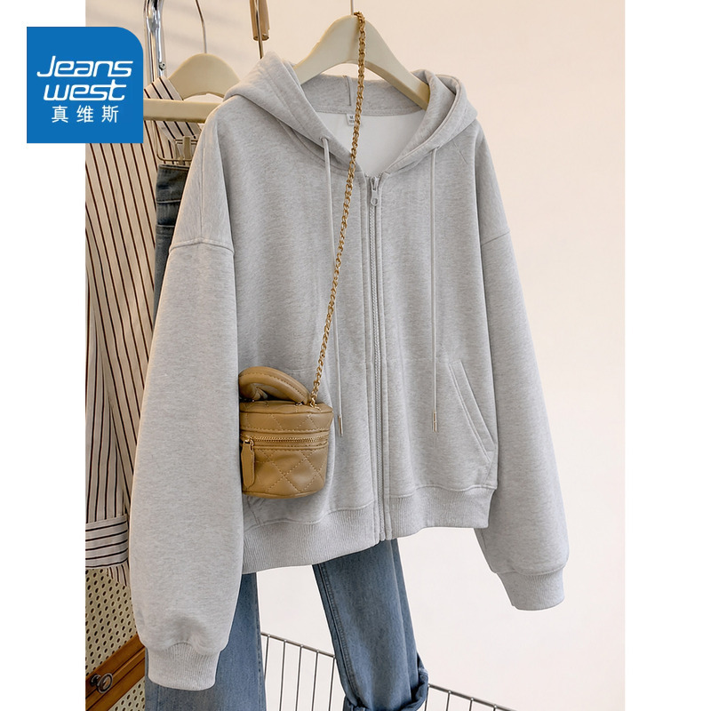 Zh Jeanswest Gray Sweatshirt for Women 2026 New Early Autumn Style Hooded Top Women's Short Cardigan Jacket Zh Jeanswest Gray Sweatshirt for Women 2026 New Early Autumn Style Hooded Top Women's Short Cardigan Jacket