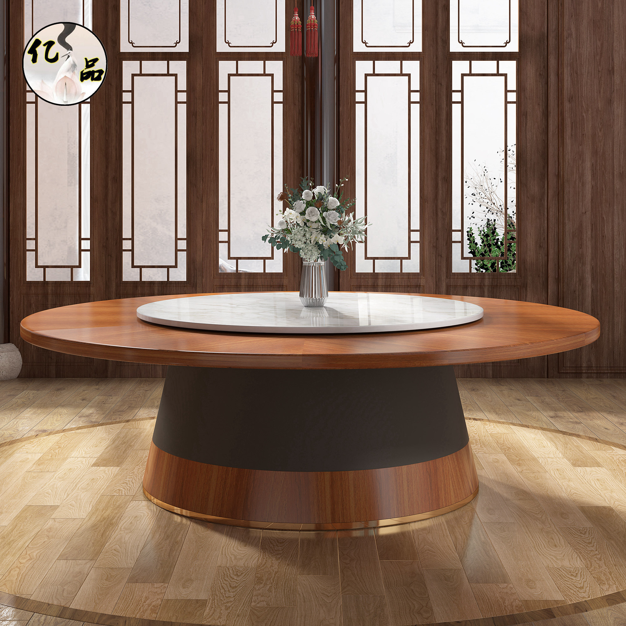 New Chinese solid wood dining table Hotel club electric large round table 20 people Hotel box Marble hot pot table customization