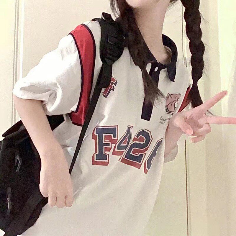 (F426 Official Shop) Guochao Lovers Hip Hop Summer American Splicing Doghead Polo Short Sleeve Loose T-shirt