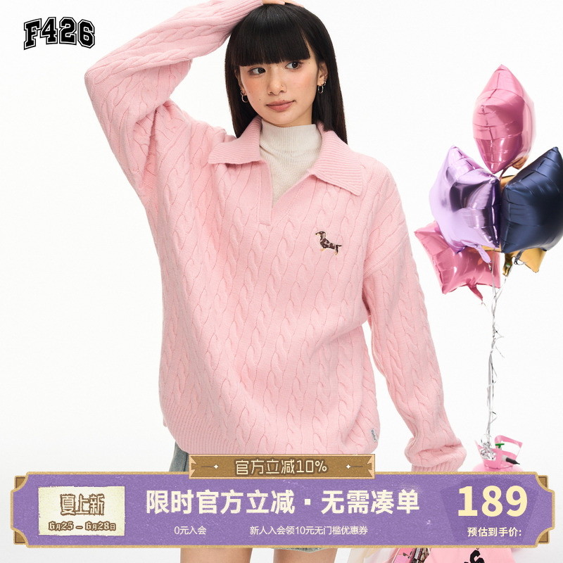 【F426 Official Store】National Trend Brand Spring New American Retro Casual Dachshund V-Neck Cable Knit Sweater