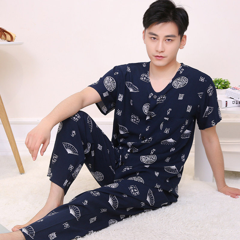 Summer men's short-sleeved trousers pajama cover thin artificial suit Collarless cardigan Casual loungewear
