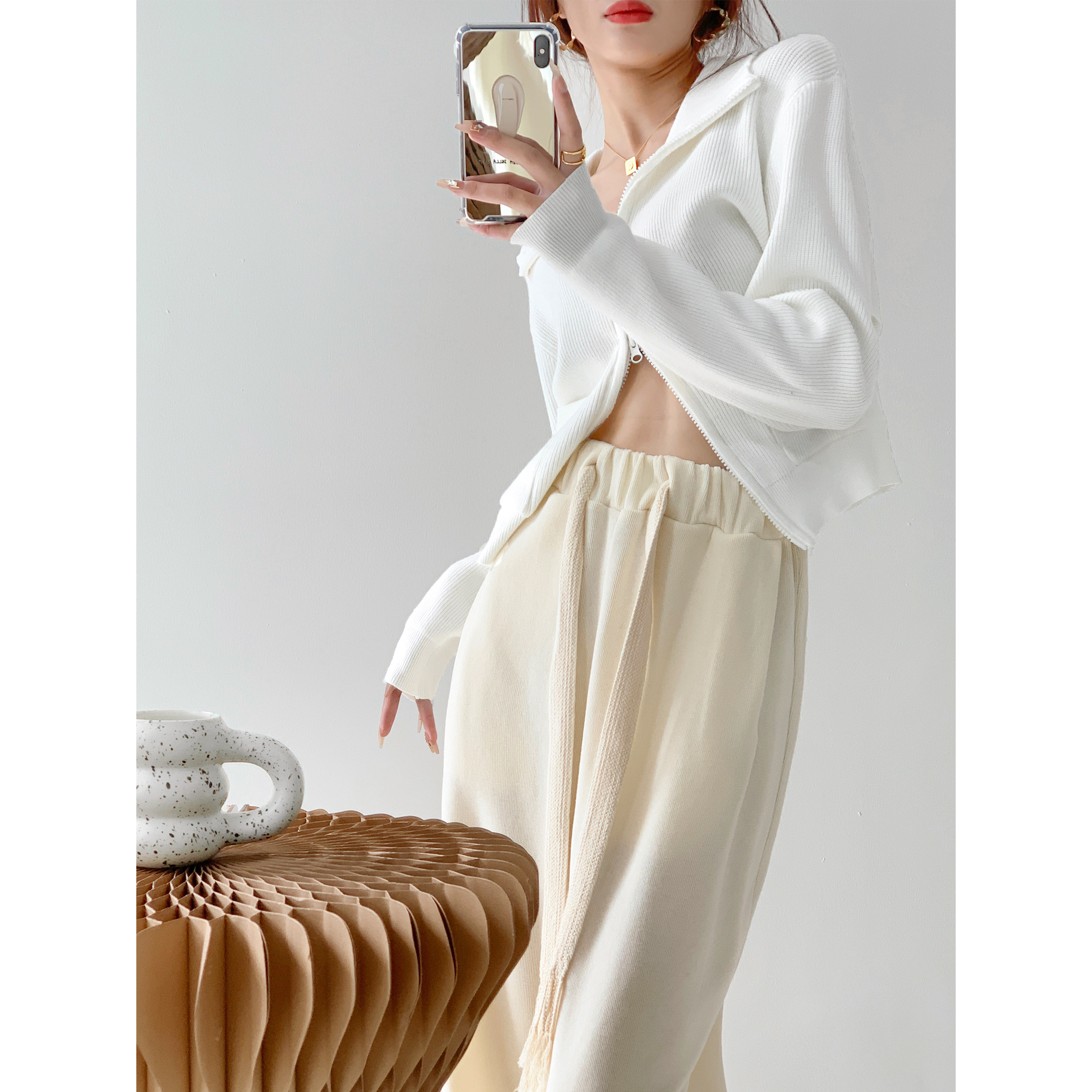 Sunset Sweetheart Milkshake White Drawstring Sports Pants Women's Spring Loose Casual Straight Wide Leg Pants High Waist Thin Mopping Pants