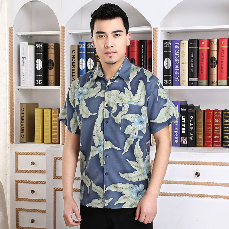 2020 summer men's silk short-sleeved shirt Middle-aged shirt Male Dad's shirt Male leaves big flowers