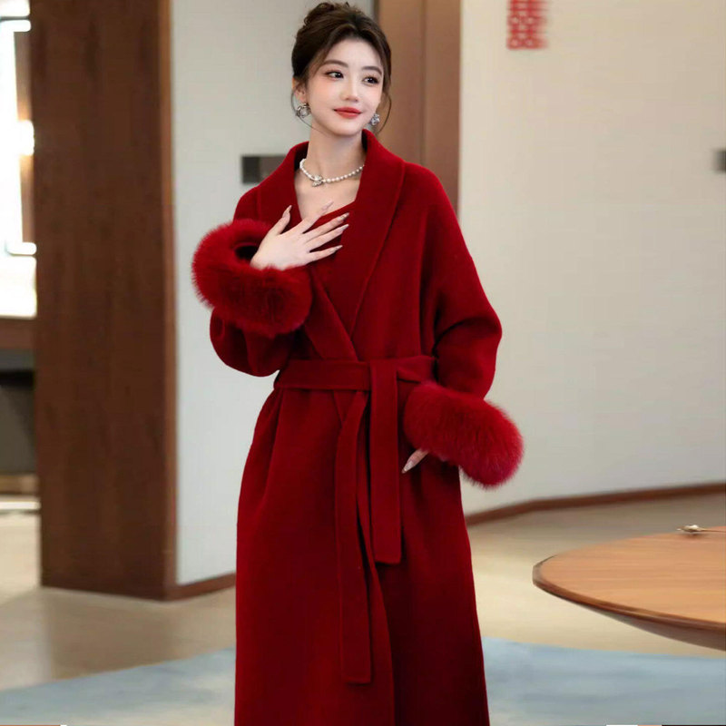 Red Double-Sided Wool Coat for Women, Mid-Length, 2025 Autumn and Winter New Style, Fox Fur Cuffs, High-End Woolen Coat