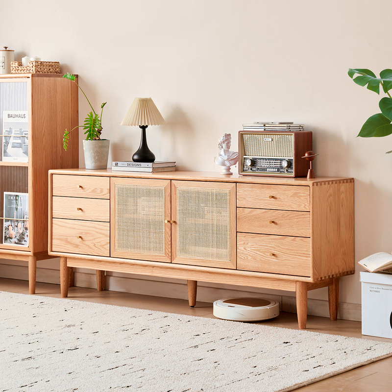 All Solid Wood Tall Tv Cabinet for Living Room, Modern and Simple, Home Storage Cabinet, Elevated Rattan Tv Cabinet