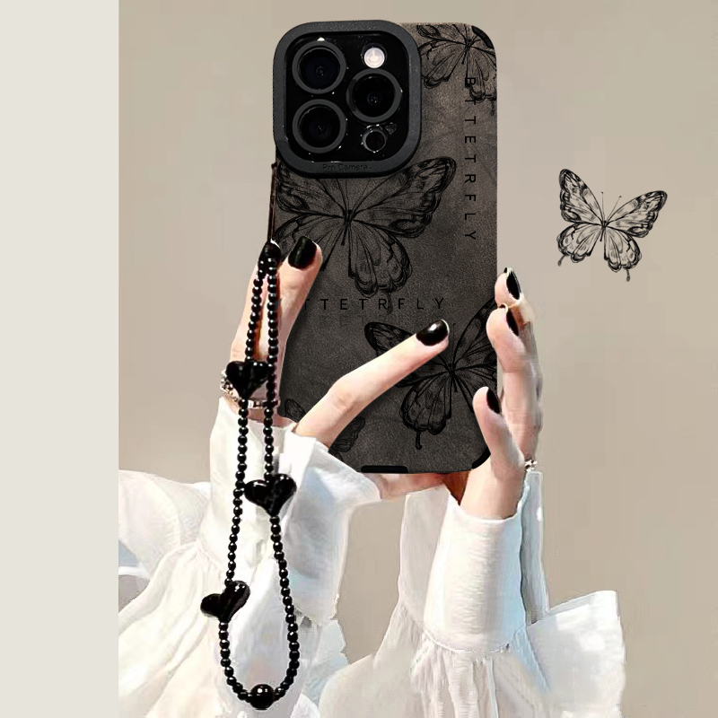 Zg Suede Leather Suitable for Apple 17 Pro Max Phone Case New Model Stand iPhone 16 Line Butterfly 14 Pro Silicone High-End 13 Female 15 Niche Bracelet Strap Max Anti-Drop Case Classic Black