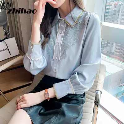 High-end chiffon shirt women's spring and autumn 2021 new long sleeve French lace jacket foreign pie bottom shirt